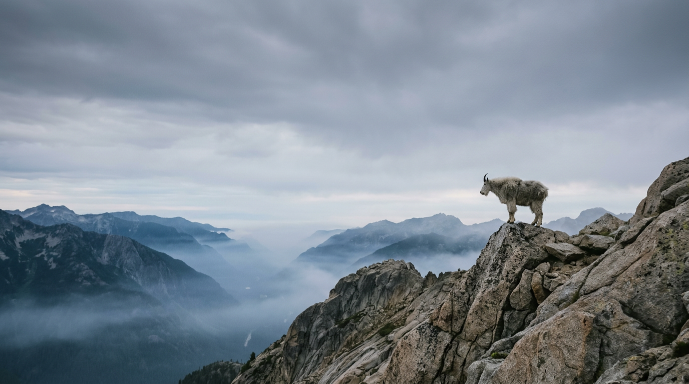 A mountain goat standing on a granite ridge above a misty valley